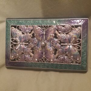 Vintage Enameled Butterfly Jewelry Trinket Box Swarovski Crystals W Mirror